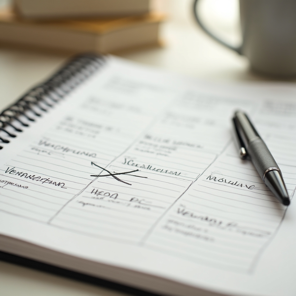An open planning notebook showing several crossed-out and rescheduled calendar entries