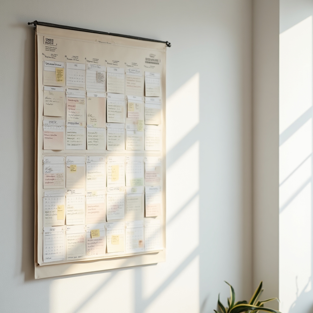 A physical content calendar on a wall board with some weeks left blank