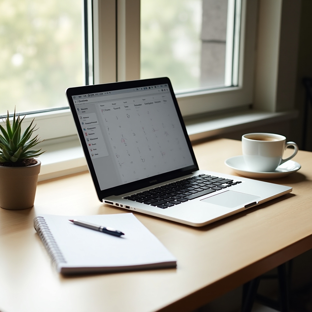 A tidy office desk with a laptop, notebook and a printed weekly calendar