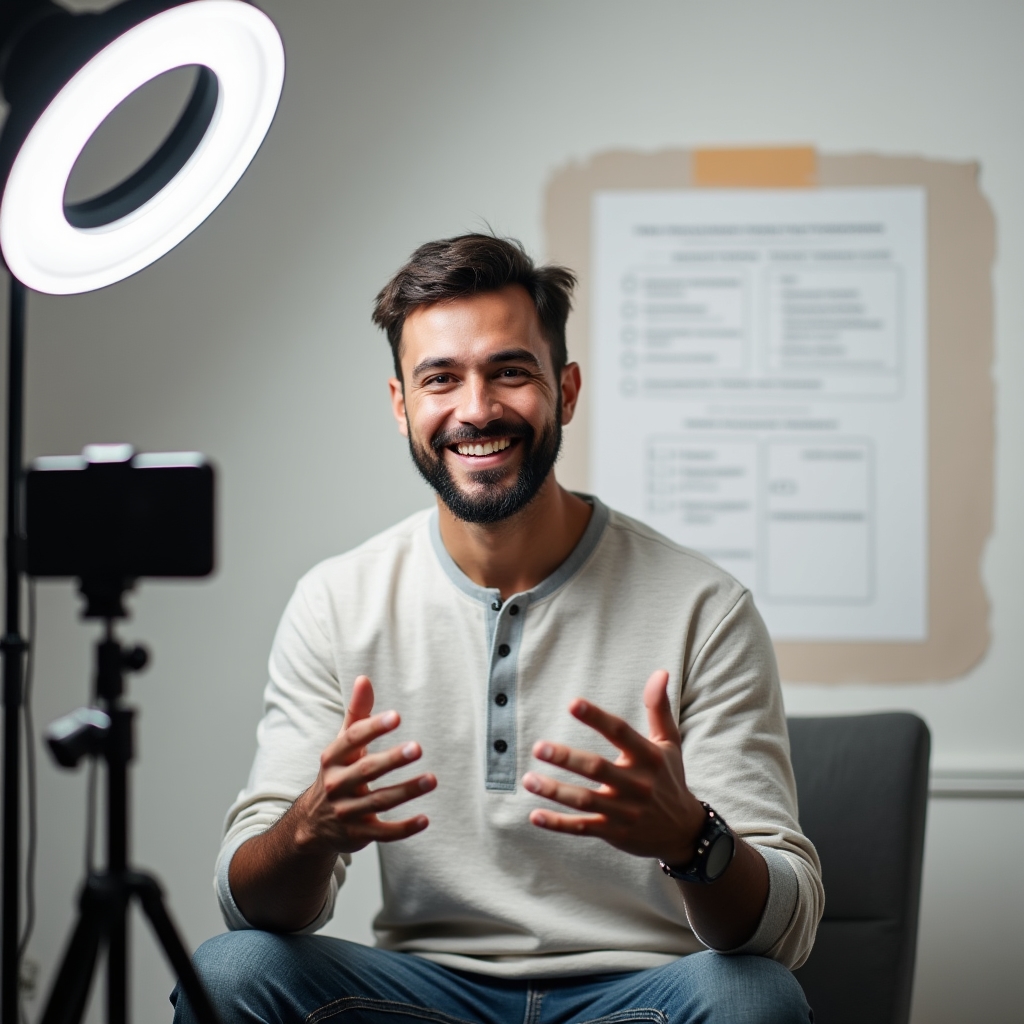 A person recording a batch of short videos in a simple home studio setup