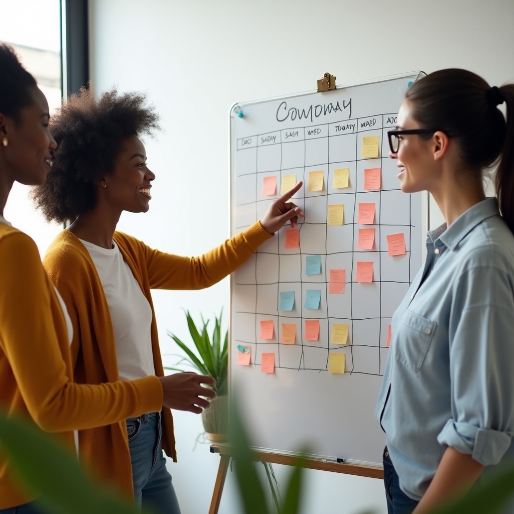 A small team reviewing a content calendar together at a whiteboard