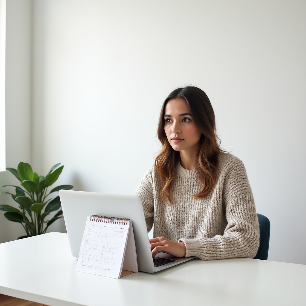 A person working alone at a desk with a laptop and a printed monthly calendar