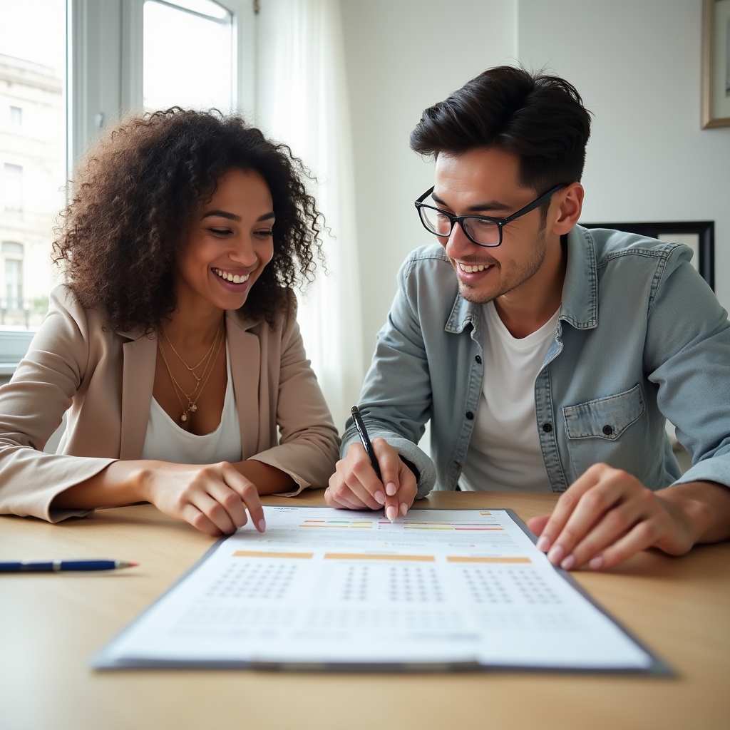 Two colleagues reviewing a printed content calendar spread across a table