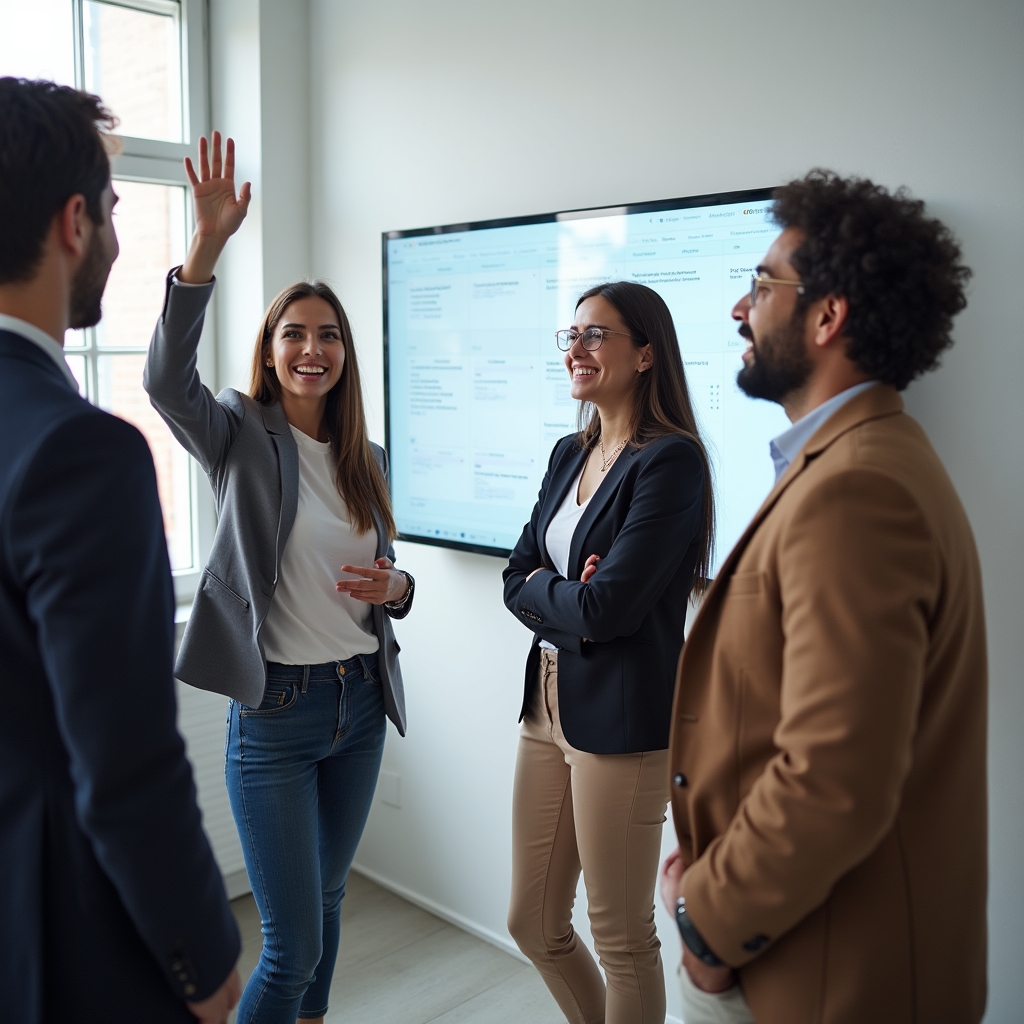 A small team having a short standing meeting near a shared office calendar