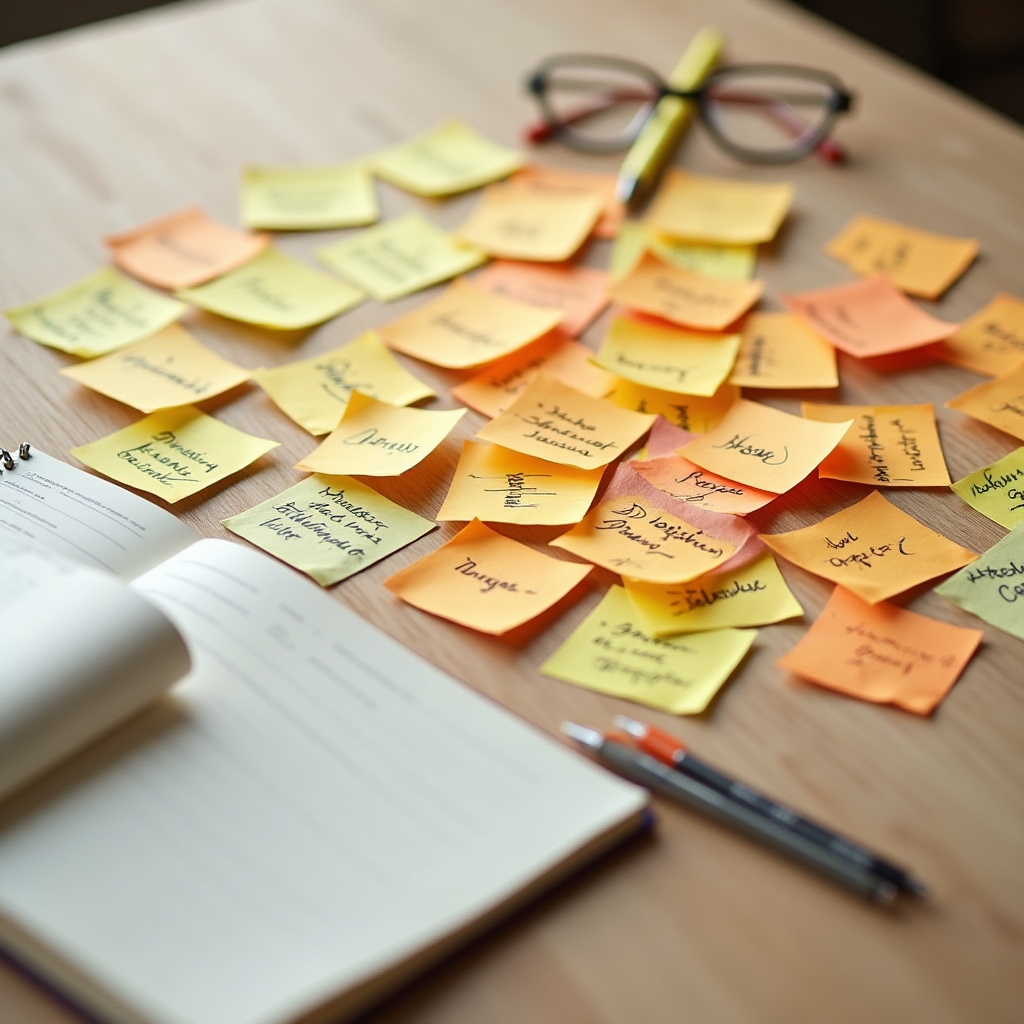 Sticky notes with content topic ideas arranged on a table during a planning session